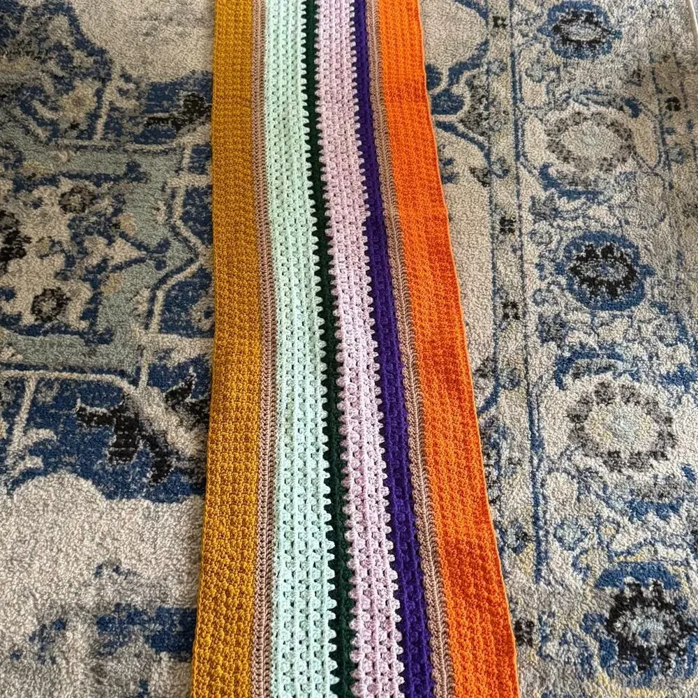 Vintage Striped Boho Crochet Table Runner 15x56 Inches Orange Gold Purple Green